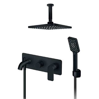 23-231707B S2 BLACK PODŽB.MJEŠALICA sa izljevom, strop. i ruč.tušem (INOX ruža 200x300)crna