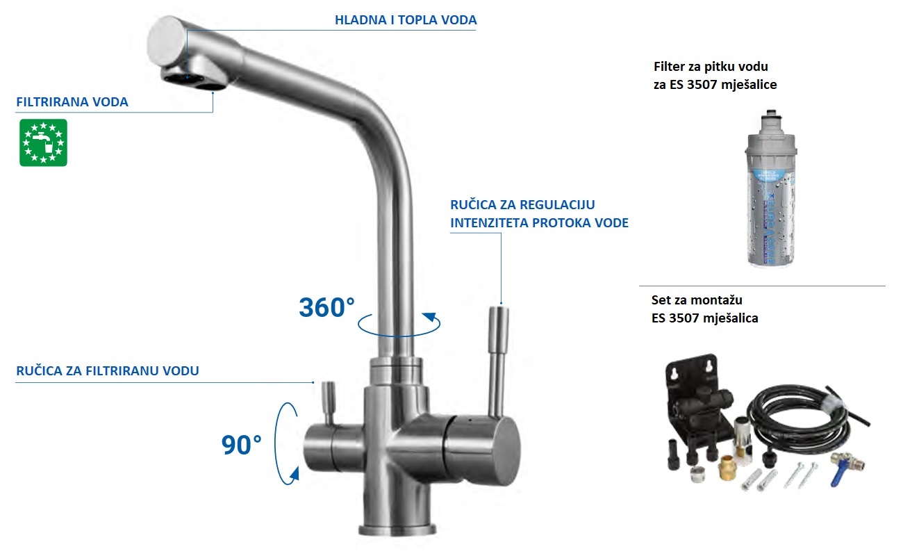 20-ES 3507 STEEL INOX MJEŠALICA ZA SUDOPER VISOKA L izljev, S FILTEROM