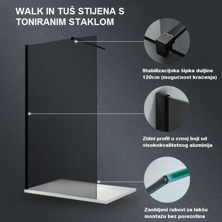 71-V-NG80 + DB9000 (21884) WALK-IN STIJENA ST 80x200cm, CRNI PROFIL, ZATAMNJENO STAKLO 8mm