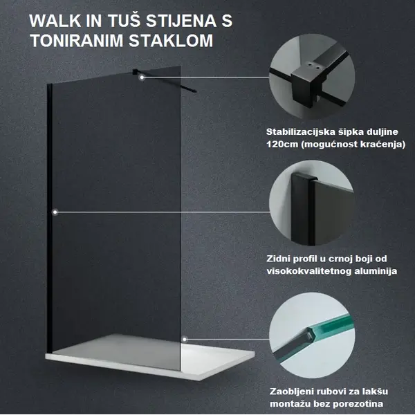 71-V-NG80 + DB9000 (21884) WALK-IN STIJENA ST 80x200cm, CRNI PROFIL, ZATAMNJENO STAKLO 8mm